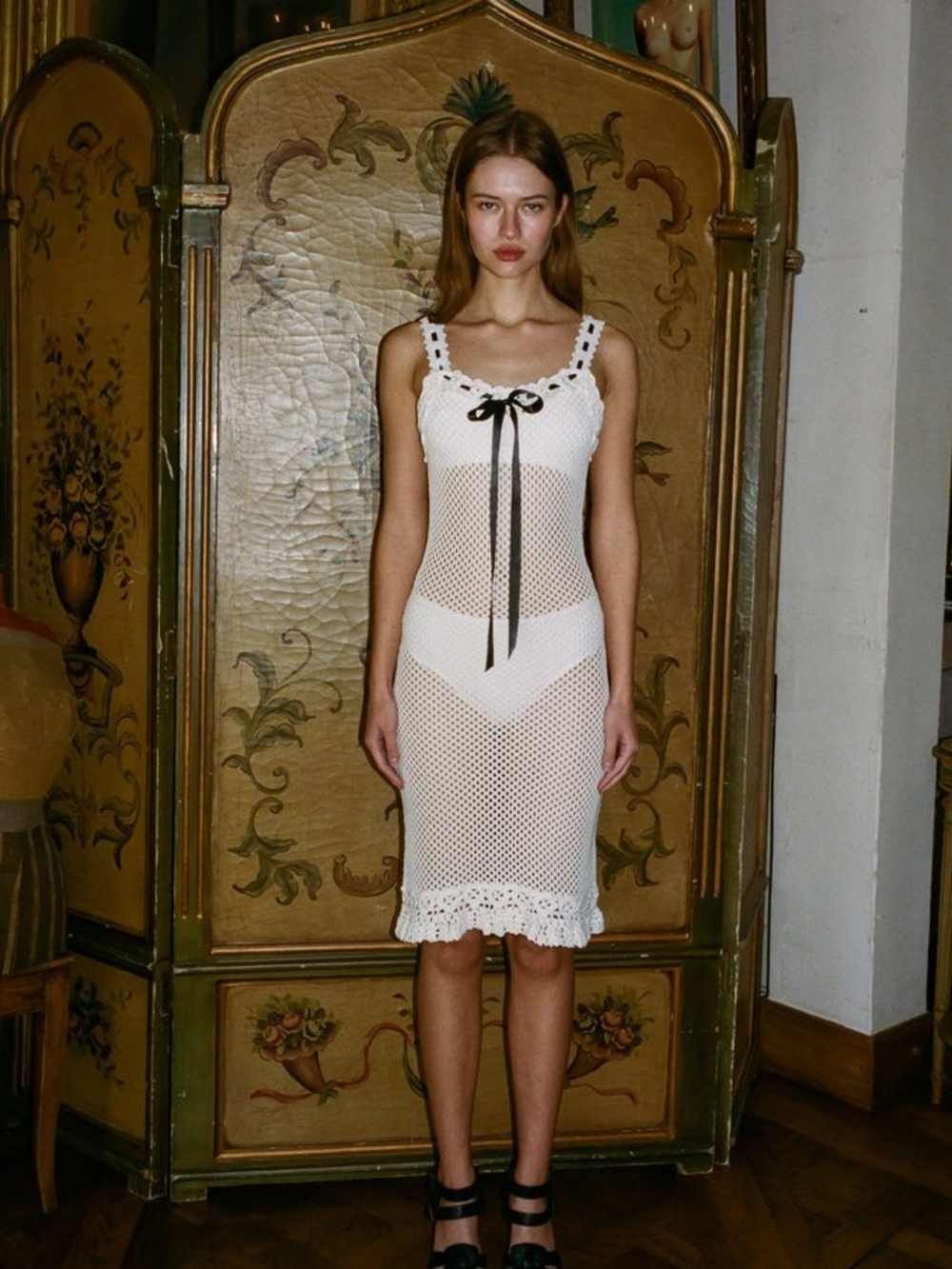 White Crochet Tank Dress with Black Tie Accent - Picture 2 of 7